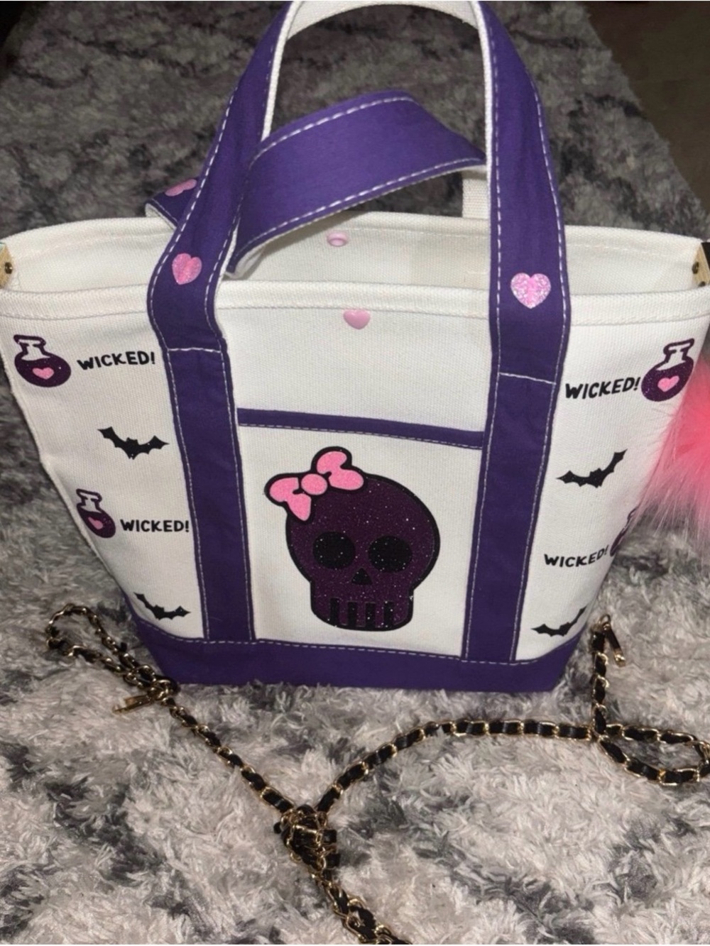 Purple & White Skull Tote Bag with Pink Accents